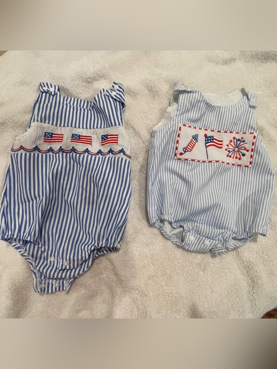 Other - Preppy Baby Bubble Striped Blue & White Onesie Romper with Patriotic Embroidery